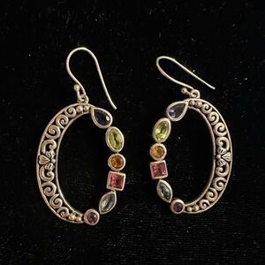 Samuel Benham Earrings Sterling Silver W/ Multi Colored Gem Stones Oval Dangle